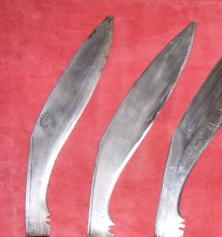 The REGIMENTAL or BATTALION KUKRI KNIFE. The 20th Century British Military Gurkha Issue Kukri. Including Official Pattern approved, unit & unknown issue types. Mr. Jonathan Sedwell. Spiral. Khukuri history and heritage. Heritage Knives Nepal. Knife and Khukuri maker, makers, producers, manufacturer. Semi-custom. Gurkha, Gurkha rifles, reproduction. Best Quality. Award. Then we have the Regimental or Battalion Marked Kukri. Many collectors see this as very alluring kukri, which I can understand, those made in peacetime in particular are very well made & finished & are a well-designed semi-traditional kukri usually at earlier dates {WW! & 1920s} an ergonomic grip. Many kukris have of course been used by the Nepali Gurkhas of the British army, with many purchased by various, company’s, battalion, regiments, from many different Indian contractors & in times of shortage due to economics, transport, number of recruits in wartime conditions even occasional manufacture by Battalion kami or armourers,{The 10GR in WW1 & the 2/8t GR in WW2. Being two notable examples.} & of course, there were many, many private purchases by individual officers & men.  Many traditional kukris are seen in photos from WW1 & WW2 and these can be either early or more unofficial Battalion{non Official pattern.} purchased or made kukri, private purchase or even family heirloom kukri on occasion, as according to the Brigade of Gurkhas website most Gurkhas returned from their first leave with a traditional kukri rather than a military issue variant. Judging from photos many still carried issue pattern kukri though. Of course at that time their leave was more often in India rather than Nepal so many private purchase Indian made kukri were also acquired & carried, then as today solders often prefer private & individual kit, Historical Family kukris from Gurkha forebears were sometimes even brought along by the new recruits, but according to some testimonies from WW2 veterans, those that did bring their family kukri would often only use those as their weapons while using the issue kukri for utility work.Here are some unit marked kukri from WW1 & WW2 era.  The middle two were favoured by many Gurkhas & they were still carried in ww2 by some of them. I have seen authenticated versions carried by the 6th, 8th & 10 Gurkha regiments. The version on the left is a WW2 model for the 9th Gurkha rifles, this & other similar pieces, sometimes with slightly varient blades are often, perhaps mistakenly called by collector's, "military sirupates" {Although In truth there not very Sirupate shaped}. They were commonly carried by some regiments in WW2 & usually came from contractor's based around Dehradun. The version on the right is WW1 era, Other styles of these kukri also exist, because so many different contractors were used over such a long period of time. Some high-quality versions come with buffalo horn hilts.